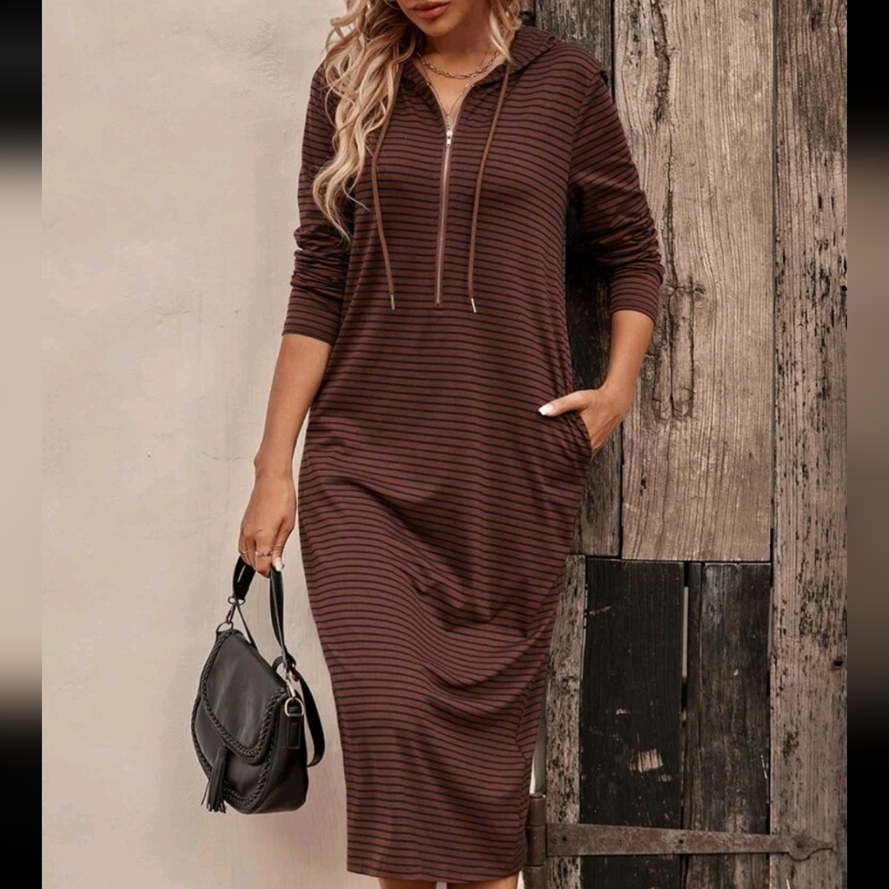 Striped Pocket Drawstring Hooded Hoodie Dress